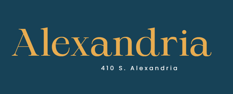 A blue background with the word Alexandria in gold and 410 S. Alexandria below it.